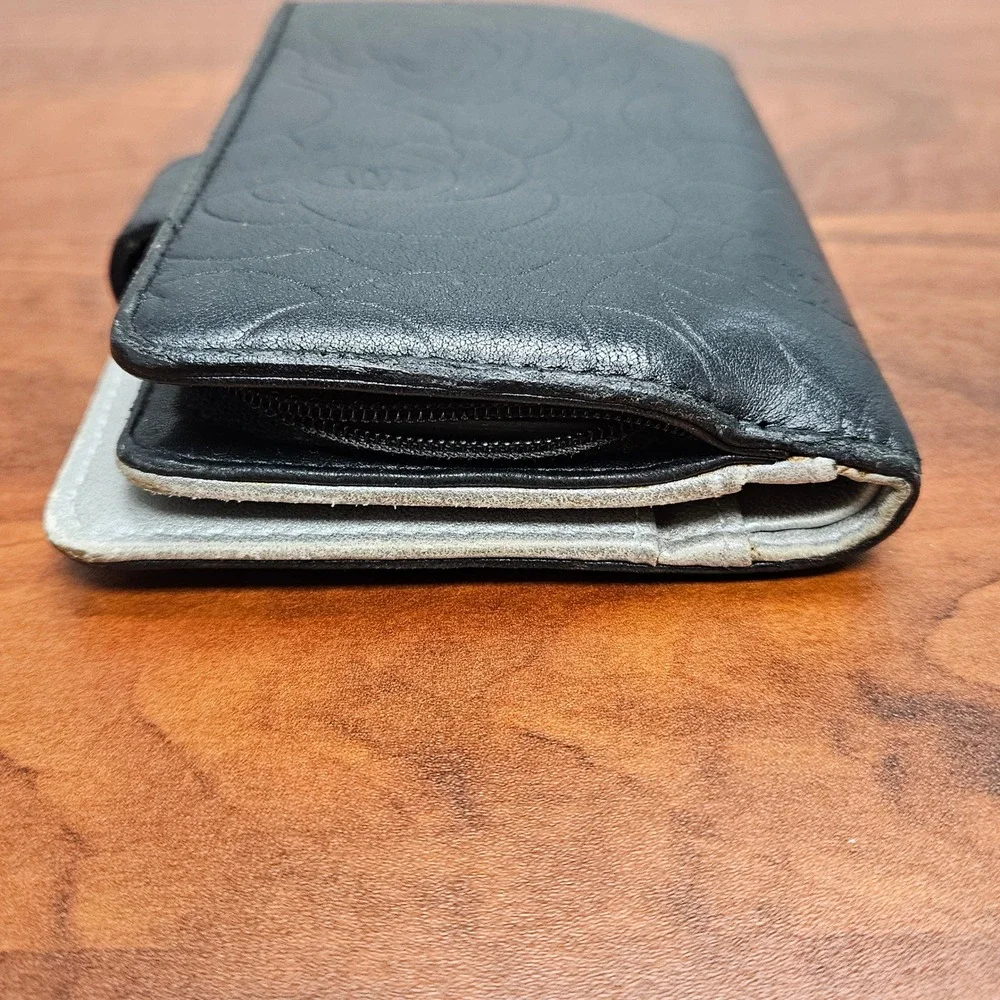 CHANEL Camellia Embossed Lambskin Organizer Wallet Black Silver CC 16 Series
